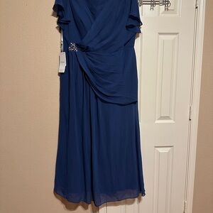 JJs House Blue Ruched Asymmetrical Midi Gown